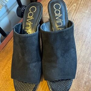 Calvin Klein Black Suede Open-Peep Toe Block Heel Mules Size 8.5 Hott 🔥
